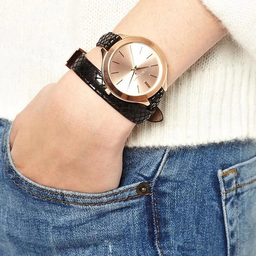 Michael Kors Slim Runway Rose Gold Black Leather Double Strap Ladies Watch